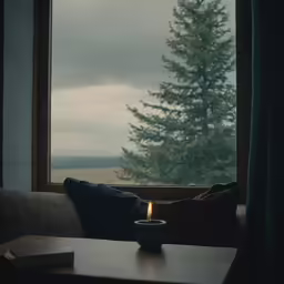 a candle is lit inside of the window