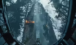 the scene inside a mirror of a giant tree