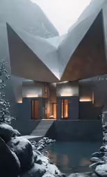 the inside of a home with snow on its roof