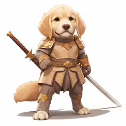 a cute dog with a long brown coat is holding a sword