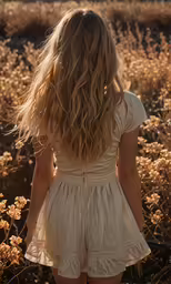 a young lady standing in a field of tall brown grass