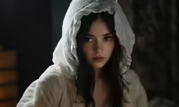 a beautiful young lady wearing a hooded robe and a white hood