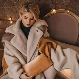 a blonde woman wearing a fur and coat in an apartment