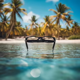 two pairs of black glasses are sitting on the ocean surface