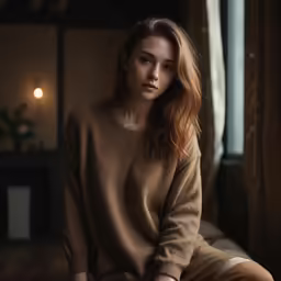 a woman sitting on top of a bed next to a window