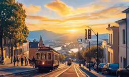 the city has cars, buses and a trolley on it