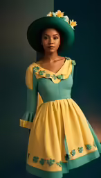 a woman wearing a yellow and green dress with large floral accents