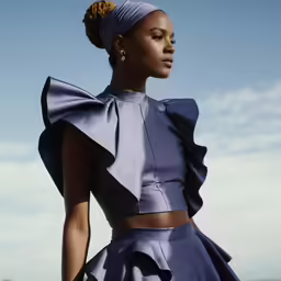 a woman wearing purple standing with her hair in a pony pony