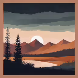 a painting depicting mountains, water and trees,an orange sky and mountains next to a lake with the sun going down