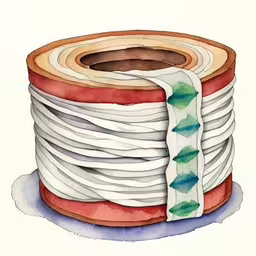 a painting of white cables with a red center,a watercolor of a large coil of wires