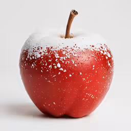 a red apple with white sprinkles is sitting on a white table