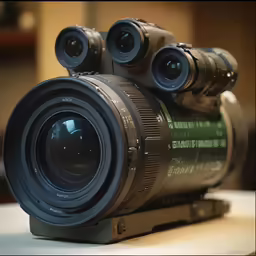 a camera lens sitting on top of a small metal device