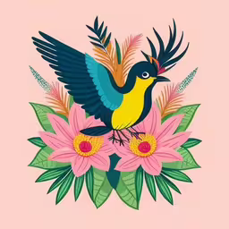 an image of two colorful birds flying over flowers
