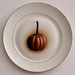 the small pumpkin is sitting on top of the bowl