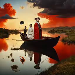 some people standing on a small boat in the water,two men in red robes are sitting in a small boat