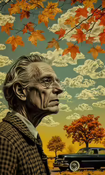 a painting of an elderly man standing in front of a car