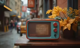 an old, blue and red television sitting on a wooden table