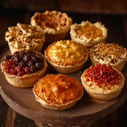 seven small cakes are on a table, each containing different types of fillings