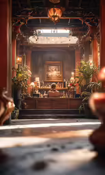 a picture of the inside of a building that has several plants and a lamp on it