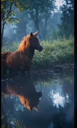 there is a horse that is standing by the water