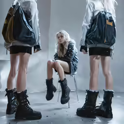 three models sitting in chairs wearing boots and jackets