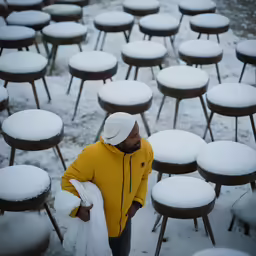 man in yellow jacket standing between several rows of tables