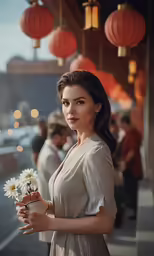 woman holding bouquet of flowers with large red lanterns in background
