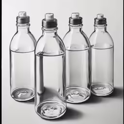 a black and white photo shows three clear bottles