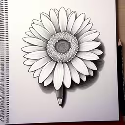 a white flower with a black circle around it,a white spiral notebook with a pencil drawing of a white flower