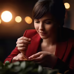 a beautiful woman in a red jacket eating food