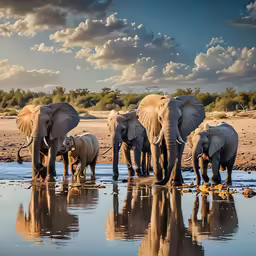 elephants are reflected in water on the beach