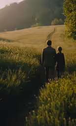 a man and a child are walking through a field