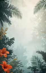 the light through the jungle plants with flowers
