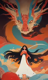 a woman in a long white dress standing in front of a dragon