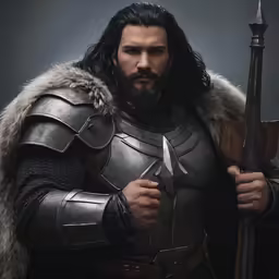 the king is wearing an armor and holding two swords