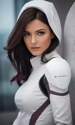 a young woman in white, black and brown clothes posing for a photo