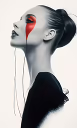 a woman with white and red makeup, headpieces and wire