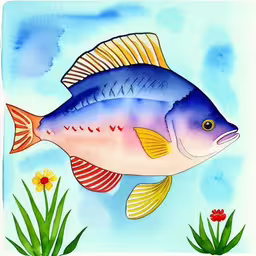 an image of a big blue fish with flowers,watercolor of a blue fish with yellow eyes