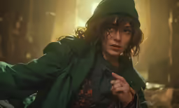 a woman in a green coat is looking at something