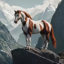 a horse stands on a rocky ledge, mountains behind