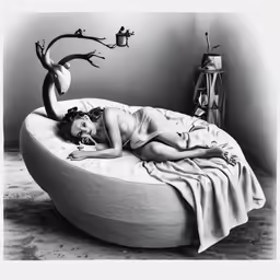 a woman lies on an oval shaped bed