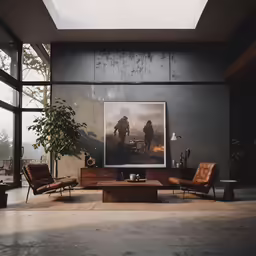 a living room with two chairs and two tables