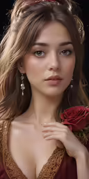 a woman in red with an ornately decorated head piece