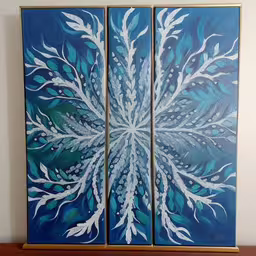 two paintings of blue flowers are on a shelf,two blue painting panels are hanging on the wall