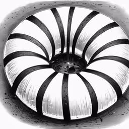 an abstract sculpture has many large black and white stripes