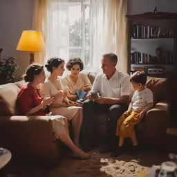 a couple and their children are sitting on a couch in the living room