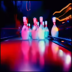 a bunch of bowling balls sitting in front of some neon colored light