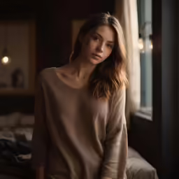 a woman standing near a bed with her head in her hands