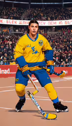 a man that is standing on some kind of track,this is an illustration of the player for the swedish ice hockey team