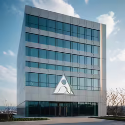 a large white triangular shaped building in the sun